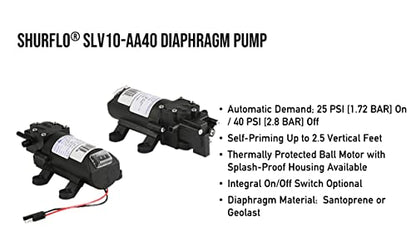 PENTAIR SHURFLO SLV10-AA40 12VDC Low Volume Automatic Demand Diaphragm Pump For Low Flow Spraying and Transfer, 1.0 GPM, 40 PSI, Pressure Switch, Self-Priming