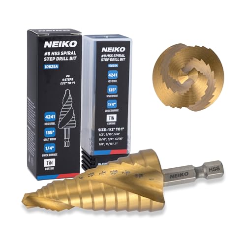 NEIKO 10625A Step Drill Bit, 9 Steps 1/2" to 1" Spiral High Speed Steel, Titanium Nitride Coated, 1/4" Quick Change Step Bits for Steel, Metal, Wood, Plastic, Unibit Cone Drill Bits, Two Flute - size: #8 (1/2 - 1", 9S), style: Spiral