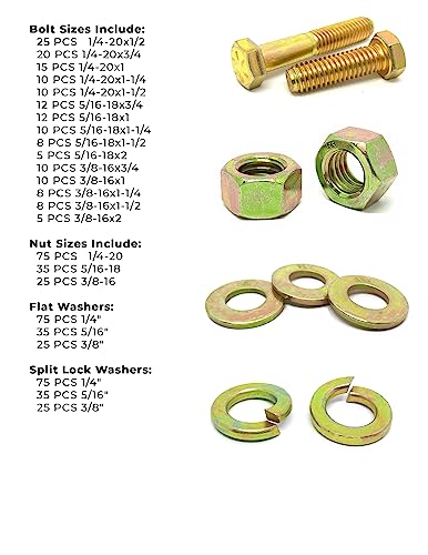 Grade 8 Hex Cap Bolts Screws, Nuts, Washers, Lock Washers Assortment Kit - 574 Pieces!