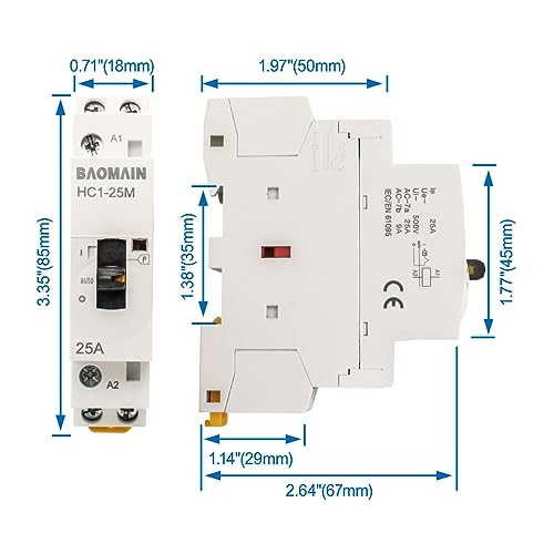 BAOMAIN 220V 2-Pole 25A Manual/Auto AC Contactor, 2NC, DIN Rail Mount