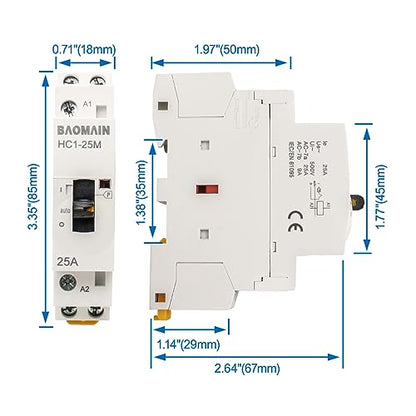 BAOMAIN 220V 2-Pole 25A Manual/Auto AC Contactor, 2NC, DIN Rail Mount