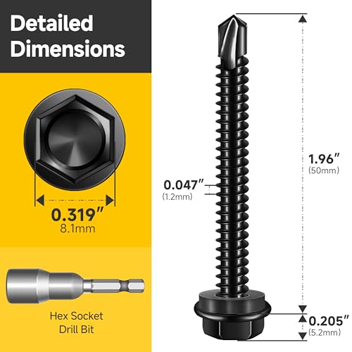 Mywish 50pcs #12 x 2 Self Drilling Screws for Metal, 410 Stainless Steel Hex Washer Head Self Drilling Screws, Black Oxided Self Tapping Sheet Metal Tek Screw Fast Tapping - size: #12x2"(50pcs)