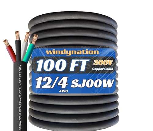 100 Feet 12/4 SJOOW Cable Cord 12 AWG 4 Conductor SO Wire - 12 Gauge 4 Conductor (12/4 Wire) 300V Portable Power Extension Cable for Motor Leads, Portable Lights, Battery Chargers