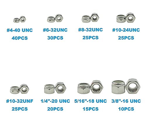 #4-40 to 3/8"-16 304 Stainless Steel Nylon-Insert Hex Lock Nuts Kit