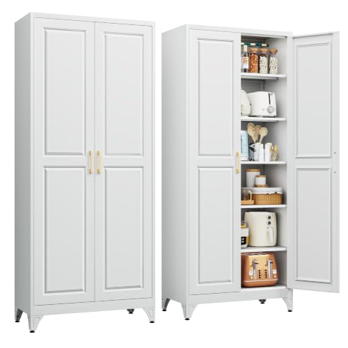 75" Metal Kitchen Pantry Cabinet, Storage Cabinets with 2 Doors - color: White, size: 75"H-Square