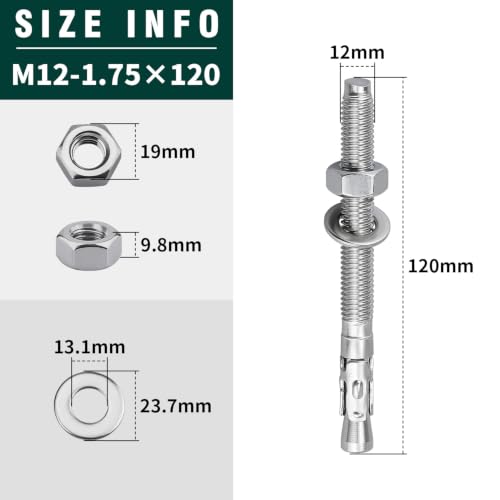 6-Pack M12-1.75 x 120 Wedge Anchors, Stainless Steel 304 (18/8), Concrete Anchor for Heavy-Duty Projects - size: M12-1.75 x 120