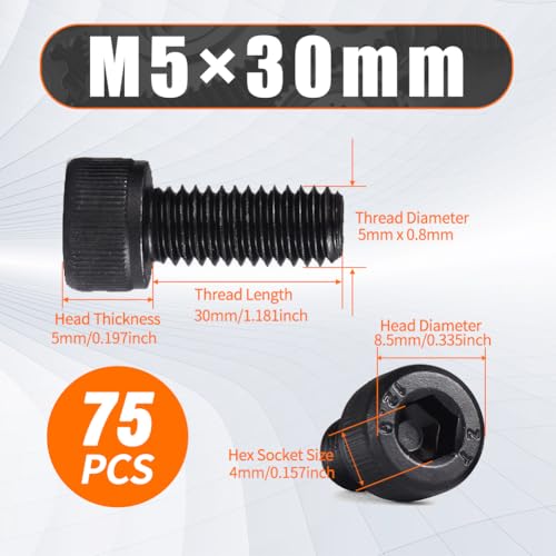 M5 x 30mm Hex Socket Cap Head Screws Bolts, 75pcs Grade12.9 Machine Screws - size: M5x30mm