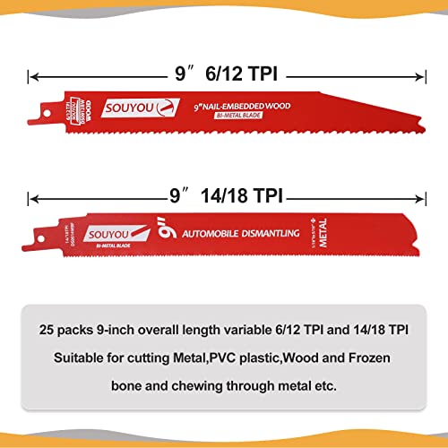 25 Pack 9 in 14/18 TPI Bi-Metal Reciprocating Saw Blades with Organizer Carbide Alloy Steel for Automobile Dismantling Metal Steel Cutting Non-Stick Coated for Less Heat for 1/16-5/16 Medium Metals - size: 9in 25Pack, style: 14/18 Tpi