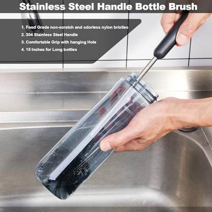 Water Bottle Brush with Straw Cleaner, 15 Inches Stainless Steel Handle Baby Bottle Brush Cleaner, Kitchen Scrub Cleaning Brushes for Cup, Wine Glasses, Coffee Mugs, Tumblers, Wine Decanters, Black - style: Bottle Brush With Straw Brush