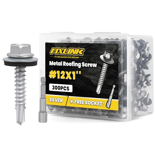 Metal Roofing Screws #12 × 1", 300 PCS, FIXLINK RUSPERT Hex Head Rubber Washer Sheet Metal Roof Screws Self Drilling Metal to Wood Siding Screws, Hex Socket Included, Silver - color: Silver, size: #12 x 1"