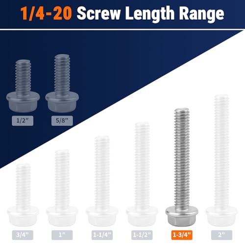 1/4-20 x 1-3/4" Flange Hex Bolts, 304 Stainless Steel 18-8, A2-70 Grade, Non-Serrated Flange Bolts for Automotive Repair, Fully Threaded, 20 Pcs - size: 1/4-20 x 1-3/4