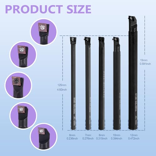 Indexable Lathe Internal Boring Bar 15PCS Kit-5PCS Metal Lathe Tools Holder 10PCS CCMT21.51 Carbide Insert for Boring S06K/S07K/S08K/S10K/S12M-SCLCR06