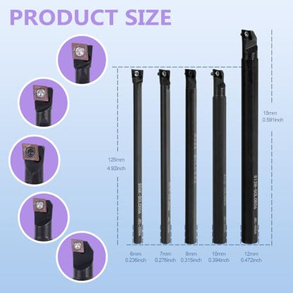 Indexable Lathe Internal Boring Bar 15PCS Kit-5PCS Metal Lathe Tools Holder 10PCS CCMT21.51 Carbide Insert for Boring S06K/S07K/S08K/S10K/S12M-SCLCR06
