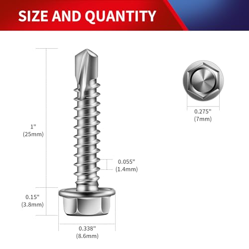 #8 x 1 Inch Self Drilling Screws (184Pcs) Hex Washer Head 410 Stainless Steel Self Tapping Screws for Metal Sheet Metal Screws with Hex Socket Included - color: Silver, size: #8 x 1"