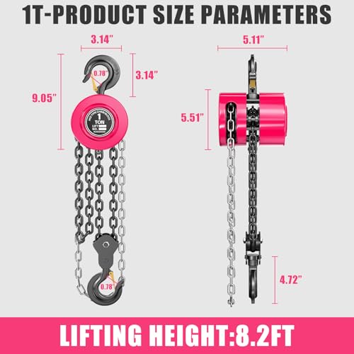 1 Ton Chain Hoist, 2200 lbs Capacity, 8FT Lift Manual Chain Block, Heavy Duty G80 Steel Chain Hoist with Dual-Pawl Brake System and Forged Steel Hooks for Garage, Warehouse Construction,Pink