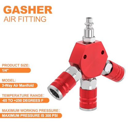 GASHER 1/4" basic body size Aluminum Hex Style 3-Way Air Manifold with 3 Pieces Steel Industrial Coupler and Plug, Air Compressor manifold Hose Accessories Quick Connect Fittings Air Splitter(2-Pack) - style: RED 2PCS