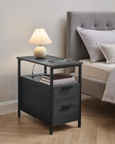 VASAGLE Side End Table with Charging Station, Slim Nightstand with Storage - color: Charcoal Gray + Ink Black, size: 23.6"D x 11.8"W
