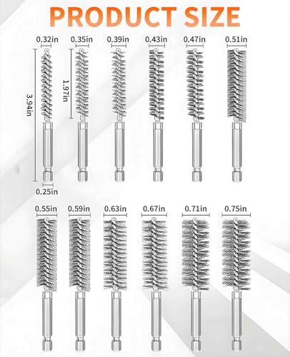 12PCS Wire Bore Brush Set for Drill, 1/4" Hexshank Stainless Steel Round Bore Brushes, 12 Size (0.32-0.75")