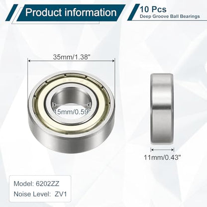uxcell 10Pcs 6202ZZ Deep Groove Ball Bearings, 15x35x11mm Chrome Steel - size: 6202ZZ (15x35x11mm)