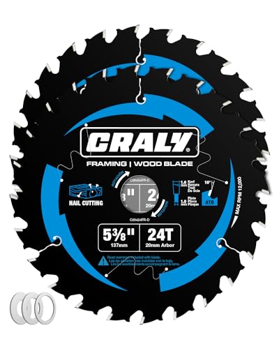CRALY 5-3/8 Inch 24 Teeth Wood Cutting Framing Circular Saw Blade, 20mm Arbor, Carbide Tipped, Thin Kerf, Black Ice™, for Plywood, MDF, OSB, Laminated, 2-Pack(C05424FR-2D) - size: 5-3/8'', 20mm arbor, 24T*2
