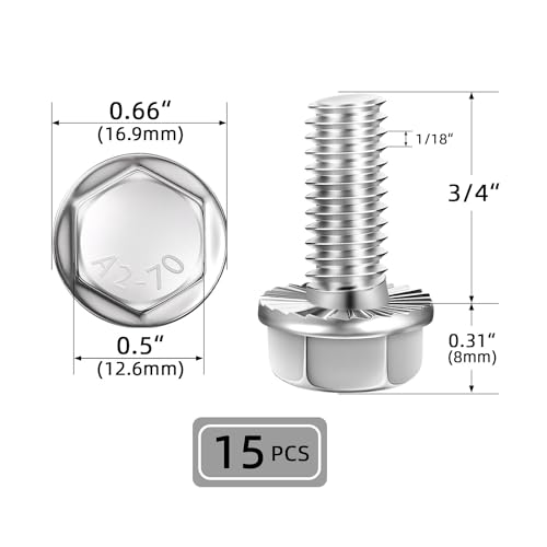 5/16-18 x 3/4" (15 PCS) Flanged Hex Head Bolts, Flange Washer Head Hex Screws Bolts, 18-8 Stainless Steel (304), Plain Finish, Full Thread - size: 5/16-18 x 3/4"
