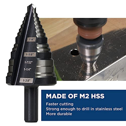 M2 HSS Step Drill Bit Unibit, 1/4"-1-3/8", Metal Wood Plastic - size: 1/4" to 1-3/8"