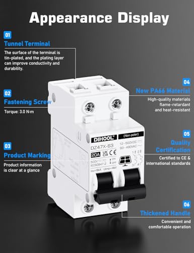 DIHOOL Solar Disconnect Switch, 20 Amp 2 Pole, DIN Rail Mount, Non Polarized, 12V 24V 48V 400V, AC/DC Circuit Breaker, RV Battery Isolator, PV Array MCB, Thermal Magnetic Trip