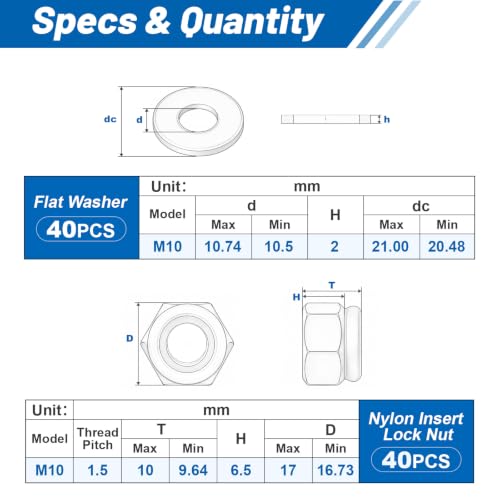 M10-1.5 Lock Nut 80Pcs Stainless Steel Nylock Locking Nuts with Washer - size: locknuts-M10 80pcs