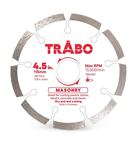 Trabo 4.5 Inch Masonry Segmented Rim Diamond Bond Blade for Cutting Cement, Pavers, Concrete with Rebar, Natural Stone and More, with 7/8 Inch Arbor with 5/8 Inch Reducer Ring - size: 4.5 Inch
