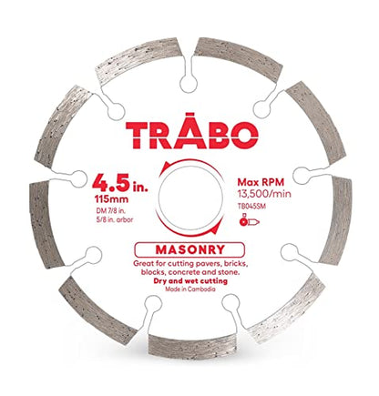 Trabo 4.5 Inch Masonry Segmented Rim Diamond Bond Blade for Cutting Cement, Pavers, Concrete with Rebar, Natural Stone and More, with 7/8 Inch Arbor with 5/8 Inch Reducer Ring - size: 4.5 Inch