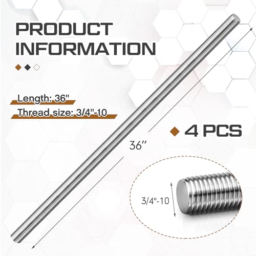 Blulu 4 Pcs 3/4"-10 Fully Threaded Rod, 36" Length - size: 3/4"-10 x 36"
