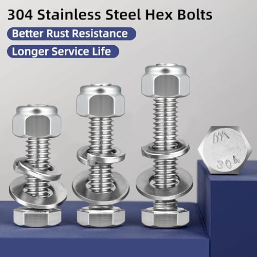 (8 Sets) 3/8-16 x 3-1/2" Hex Head Screw Bolt,Lock Nuts,Flat & Lock Washers Kits,304 Stainless Steel 18-8,Fully Threaded - size: 3/8-16 x 3-1/2"
