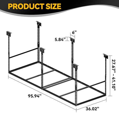 3x8 Ft Overhead Garage Storage Rack, 28-41 inch Height Adjustable Ceiling Mounted Organization Rack, 850 lbs Weight Capacity, 36"x96" Heavy Duty Space-Saving Metal Rack for Garage Storage - size: 3x8ft w/ 4 Support Bars