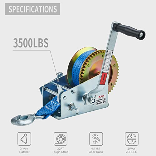 OPENROAD Boat Winch 3500lbs Hand Winch, with 32ft Blue Strap and 2 Speed switchable, for Boat Trailer Towing Winch