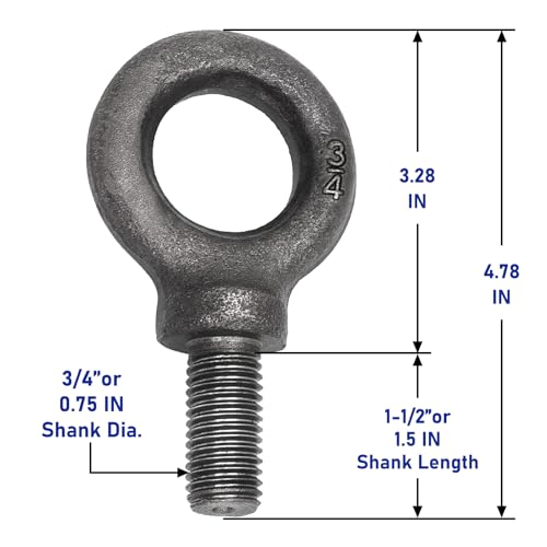 Lifting Shoulder Eye Bolt 3/4"-10 X 1-1/2", 1 Pcs, Industrial Grade Heavy Duty Forged Steel for Truck Tractor Bucket Use As Towing&Pulling Point - size: 3/4"-10