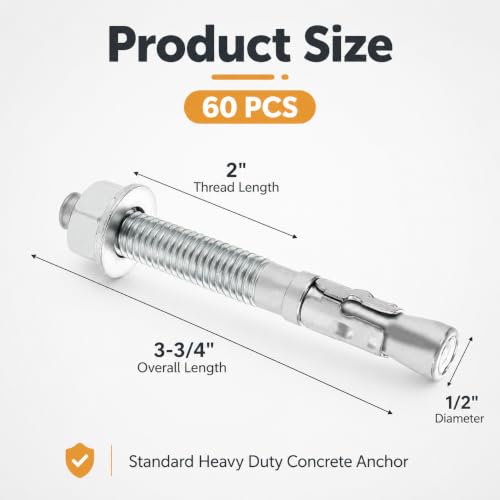 60 PCS 1/2" x 3-3/4" Concrete Anchors - Standard Heavy Duty Cement Anchor Bolts for Concrete - Metal M12 Expansion Concretes Fasteners Wall Anchors Cement