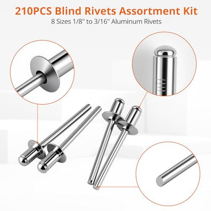 Proster 210pcs Aluminum Rivet Assortment - 8 Sizes 1/8"-3/16" with Case