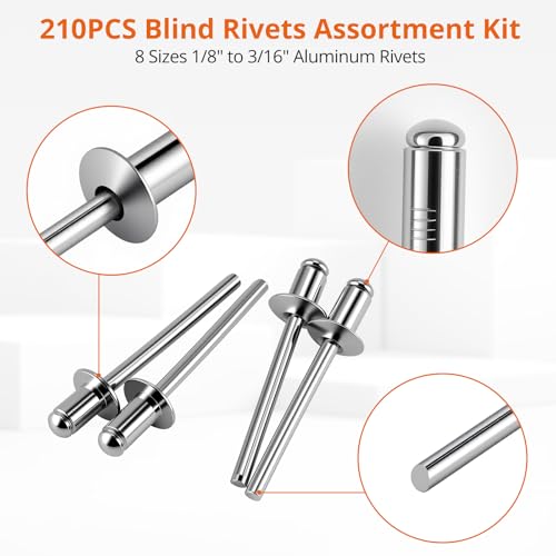 Proster 210pcs Aluminum Rivet Assortment - 8 Sizes 1/8"-3/16" with Case