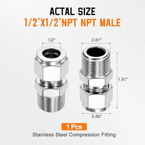 1/2"OD Compression x 1/2" NPT Male Union Coupling Connector - size: 1/2"ODx1/2" NPT Male