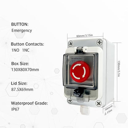 Waterproof Emergency Stop Switch with Box, 500V 10A Red Mushroom E-Stop Push Button, Outdoor Weatherproof Stop Box with Transparent Cover, 22mm 1NO 1NC Anti-Misoperation Quick Stop Switch - color: Red emergency stop button switch box