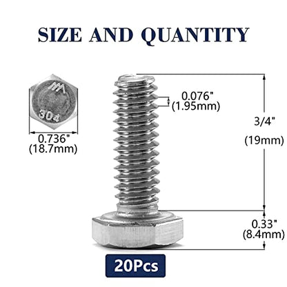 1/2-13 x 3/4" Hex Head Screw Bolt, 20Pcs 18-8 (304) Stainless Steel, Fully Threaded, Plain Finish, by SG TZH - size: 1/2-13 x 3/4"