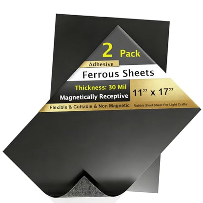 2 Pack, 11"x17" Adhesive Ferrous Sheets for Magnet, Flexible Steel Vinyl Magnetically-Receptive Sheet, Flat Rubber Metal Steel Pad, Flexible Iron Mat Work with All Magnets - size: 11"X17"-2Pcs