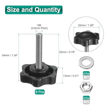 uxcell 8pcs Star Clamping Knobs with Nuts Washers, M5 x 20mm Metric 304 Stainless Steel Male Thread 32mm 6-Star Plastic Head, Threaded Stud Hand Knobs Handles Thumb Screws, Black - size: M5 x 20mm