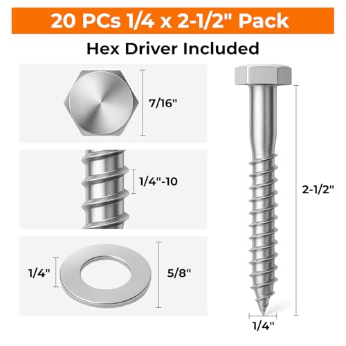 1/4 x 2-1/2 Stainless Steel Lag Bolts, 20 PCs 304 Wood Lag Screws for Light Framing and Outdoor Projects, SS Hex Head - color: Silver, size: 1/4 x 2-1/2"