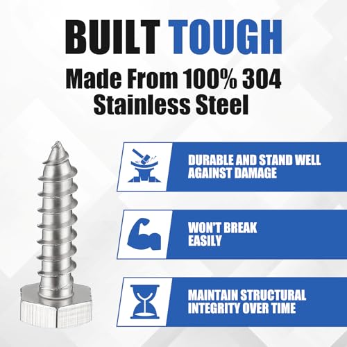 Zonon 100 Pcs 1/4" X 1" 304 Stainless Steel Lag Screw for Wood, Silver - color: Silver, size: 1/4" X 1"