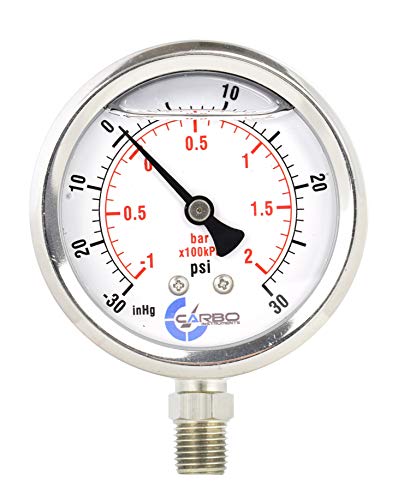 1-1/2" Pressure Gauge, Stainless Steel Case, Chrome Plated Brass Connection, Lqiuid Filled, Compound Vacuum -30 Hg - 0-30 psi Lower Mount 1/8" NPT - style: -30 / 0 / +30 inHg/psi