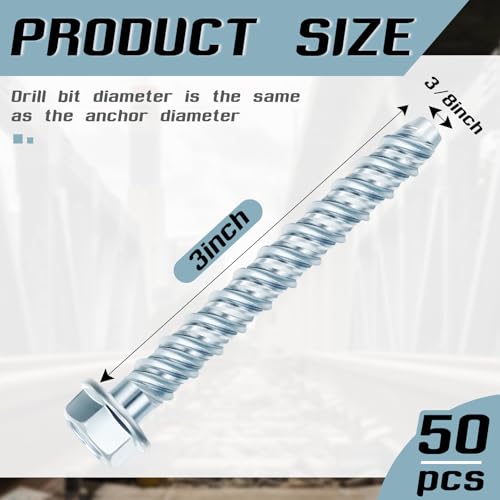 Dunzy 50 Pcs Zinc Plated Masonry Screws Concrete Anchors, 3/8" X 3"