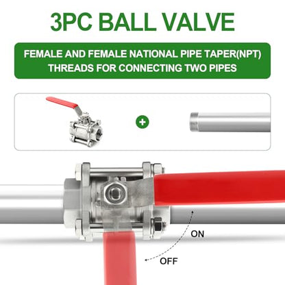 TAISHER 1PCS 1-1/4" FNPT Heavy Duty 3PC High Platform Ball Valve 304 Stainless Steel with Red Handles W0G1000 - size: 1-1/4" FNPT(3PC)