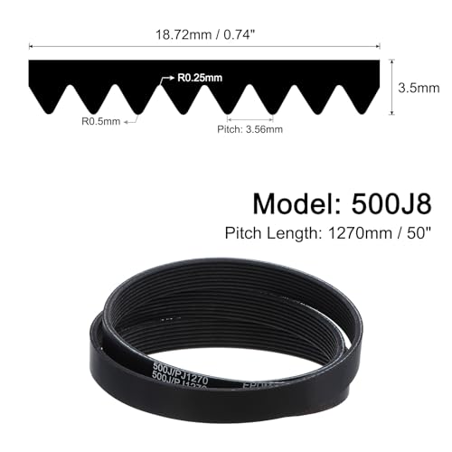 uxcell 500J8 PJ V-Ribbed Belt 8 Ribs 50" Length x 0.74" Width x 0.14" Thick, EPDM Poly V Belt, Industrial Transmission Serpentine Belt - size: 500J8