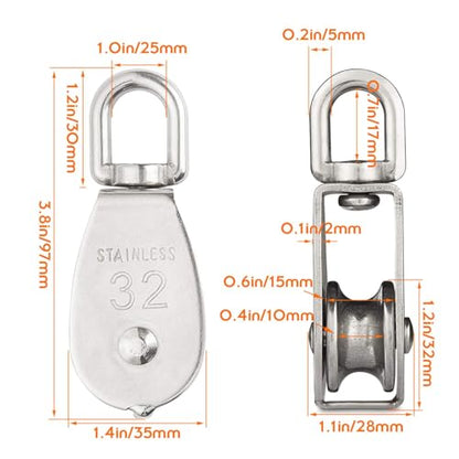 6 Pcs M32 Single Pulley Black Loading 440 lbs, STARVAST Stainless Steel Heavy Duty Swivel Lifting Rope Pulley Block 32mm Pulley Roller - size: M32-6PCS